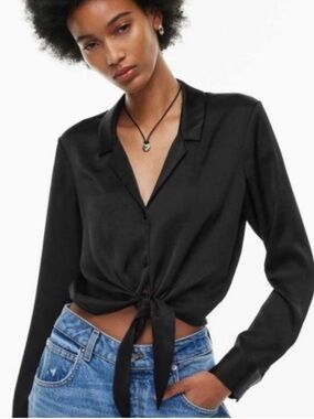 Wilfred Aritzia Satin Silky Black Button Down Tie Front Shirt